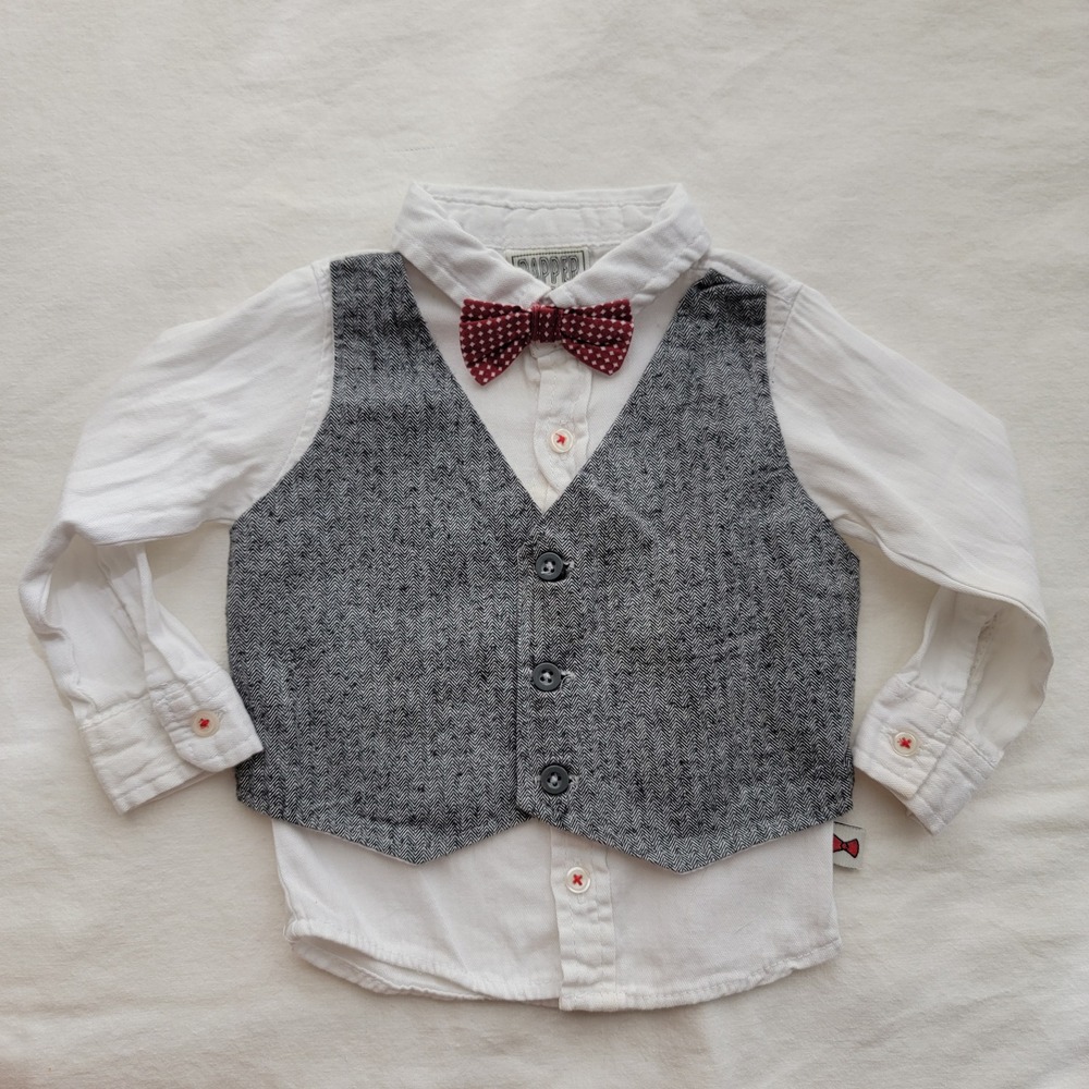 Dapper Dude Baby Boy Faux Vest Shirt Bow Tie Herringbone White Gray 12M D84515RO